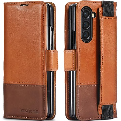 KEZiHOME Genuine Leather Wallet Case for Samsung Galaxy Z Fold 6 - color: Khaki Brown, size: Galaxy Z Fold 6 Case