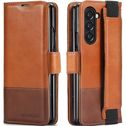 KEZiHOME Genuine Leather Wallet Case for Samsung Galaxy Z Fold 6 - color: Khaki Brown, size: Galaxy Z Fold 6 Case