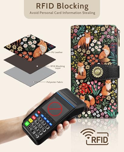 GIANCOMICS Cute Fox Womens Wallet RFID Blocking, Credit Card Holder Bifold | Billfold, Cute Cash Purse, Travel Zipper Coin Pocket, Compact Clutch, PU Leather, ID Window, 11 Card Slots, Ladies Gift Woman - color: Fox and Flowers