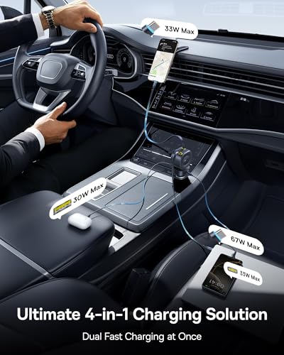 Baseus 163W Retractable Car Charger USB C Fast Charging, PrimeTrip VR2 Max 4 in 1 Fast Car Charger with Dual Retractable USB C Cable for iPhone 17 16 15 Pro Max, Samsung Galaxy S25 Ultra, Android