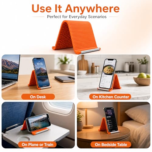 2PCS Portable Foldable Silicone Aluminum Phone Stand, Bendable Core Foldable Rollable Phone Holder - Flexible iPhone Stand for Long Travel Accessories - Plane Essentials (Orange)
