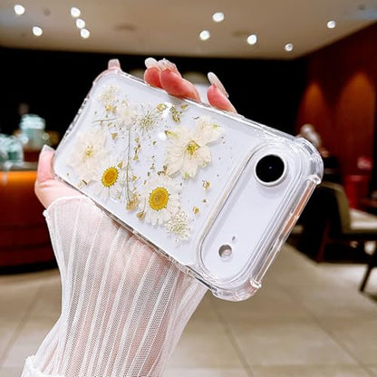 Compatible with iPhone 17 Air Case Clear Cute Real Flowers | Handmade Natural Pressed Dried white Flower Gliter Soft TPU Slim Protective phone cover for iphone 17 Air - color: White Flower, size: iphone Air