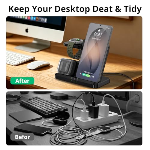 Wireless Charger for Samsung Charging Station, 3-in-1 Fast Charging Station for Samsung S26-S10/Note/Z Fold Flip8, Simultaneously Charges Galaxy Watch 8-1 & Buds – Not for Watch 9/Ultra2