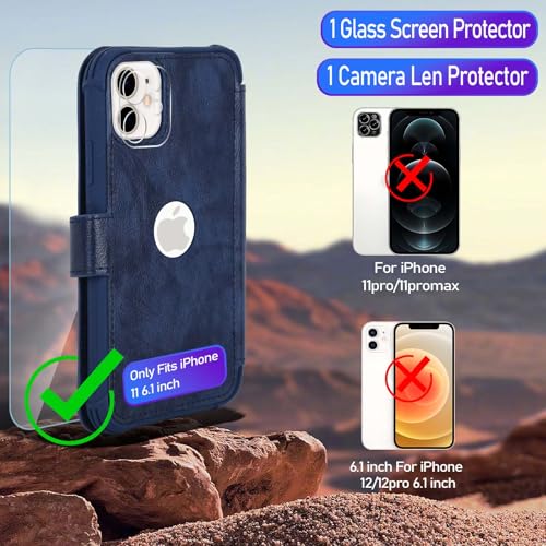 VANAVAGY Wallet Case for iPhone 11 6.1 inch, Navy Blue | 12ft Drop-proof Cover for Women Men, Silm PU Leather, RFID Blocking Card Holder, Wrist Strap, Screen Protector - color: Navy Blue