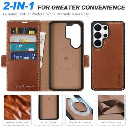 SHIELDON Detachable Leather Case Wallet for Galaxy S26 Ultra, Retro Brown | Genuine Leather, Kickstand, Magnetic Closure, RFID Blocking, Credit Card Slot, 2 in 1 Design, Folio Shockproof Cover - color: Retro Brown