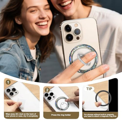 Silver Magnetic Phone Ring,Transparent Strong Magnet Phone Grip Holder,360°Adjustable & Removable Clear Purple Dot Laser Design Diamond Ring for Phones & Tablets - color: Clear Silver Purple Dot Diamond Laser