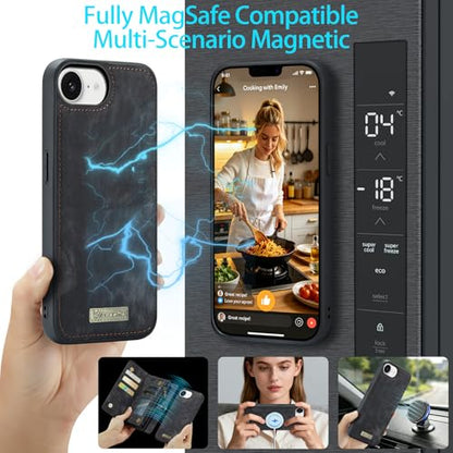 Compatible with iPhone 17E/16E Wallet Case with Magsafe,Black | Magnetic Detachable Case,Card Holder,Zipper Pocket,Strap Wristlet, Leather Drop-Proof Phone Case for iPhone 17E/16E - color: (Detachable and Magsafe)-Black, size: iPhone 16E/17E 6.1 Inch