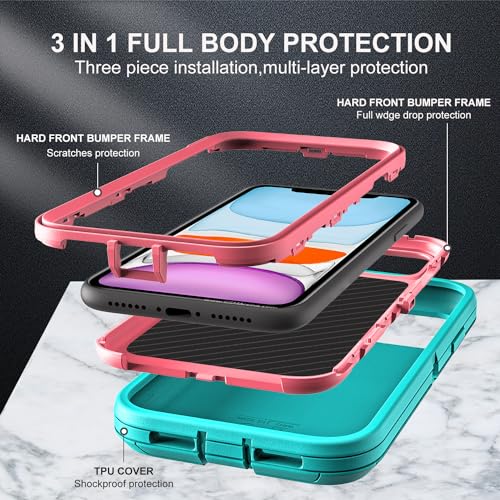 YKHJKLEC for iPhone 11 Case, Military Grade 3 in 1 Heavy Duty Shockproof/Drop Proof/Dust Proof Case with 2Pcs Tempered Glass Screen Protector (Aqua Blue/Pink) - color: Aqua Blue/Pink