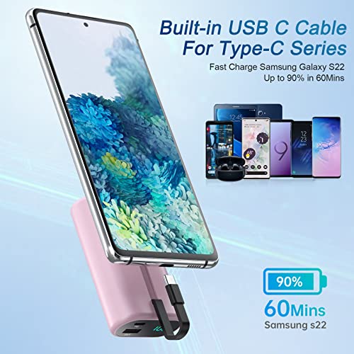 Small Portable Charger 10800mAh with Built-in USB-C Cable, Mini PD 3A Fast Charging Power Bank, Ultra-Compact LCD Display Battery Pack Compatible with Samsung Galaxy S22/S21/S10/S9,Note,Moto,LG-Pink