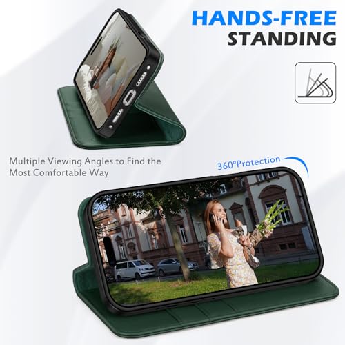 SHIELDON Genuine Leather Wallet Case for iPhone 17 6.3" 2025, Evergreen | RFID Blocking, Credit Card Holder, Magnetic Closure, Kickstand, Folio Design, Full Protection, Shockproof Phone Cover - color: Evergreen