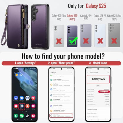 Defencase for Galaxy S25 Case Wallet Compatible with Magsafe 6.2", Purple | Magnetic Detachable, with RFID Bolcking Card Holder, Zipper Strap, PU Leather Drop-Proof Phone Cover for Samsung Galaxy S25 - color: (Detachable with Magsafe)-Purple
