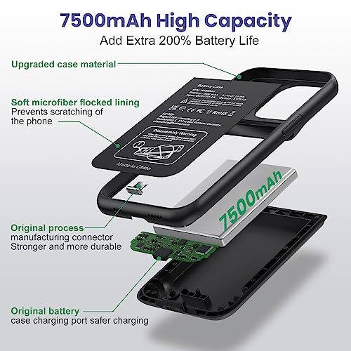 Battery Case for iPhone 13/13Pro/14,7500mah Ultra-Slim Protective Charging Case, Portable Rechargeable Expandable Battery Charger Cover Compatible with iPhone 13/13Pro/14 (6.1 Inch)-Black - color: Black