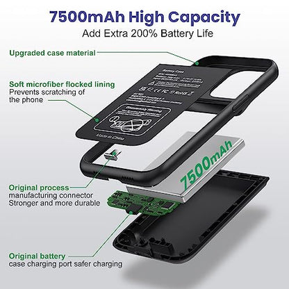 Battery Case for iPhone 13/13Pro/14,7500mah Ultra-Slim Protective Charging Case, Portable Rechargeable Expandable Battery Charger Cover Compatible with iPhone 13/13Pro/14 (6.1 Inch)-Black - color: Black