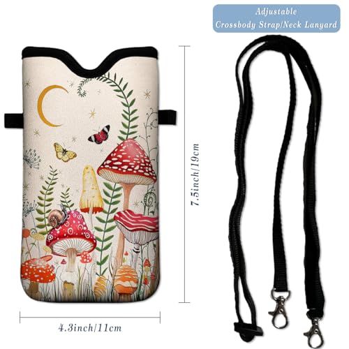 Neoprene Cell Phone Pouch 7.5 X 4.3 in Cloth Mobile Protection Case Bag with Crossbody Strap Neck Lanyard Cell Phone Case Mushroom Colorful Butterfly Moon - color: Mushroom Colorful Butterfly Moon