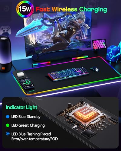 Magnetic Wireless Charging Mouse Pad Gaming, 31.5"x15.8" Large Desk Mat - color: RGB