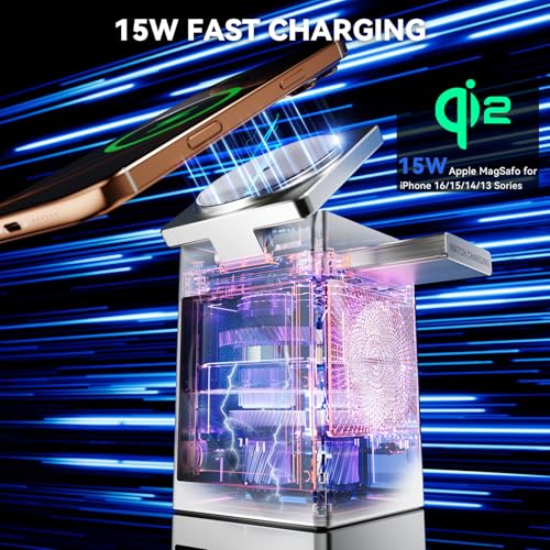 7-in-1 Magnetic Wireless Charging Station with Bluetooth Speaker & 2.4" Touchscreen, 15W Fast Charging Dock for iPhone 18-12 Series, iWatch & AirPods, Alarm Clock, White Noise for Desk, 20W Adapter - color: Silver-S5