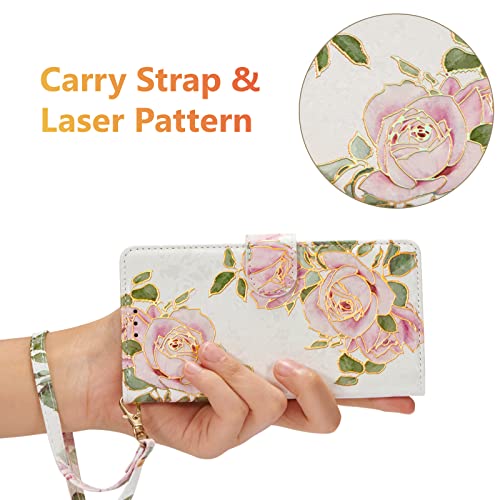 UEEBAI Wallet Case for iPhone 13, PU Leather Phone Cover Kickstand RFID Blocking Flip Case Card Slots Wrist Strap Relief Engraved Pattern Magnetic Closure Flower Folio Wallet, White Rose - color: White Rose, size: iPhone 13