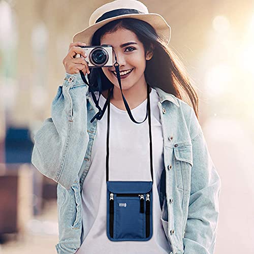 Travel Pouch Neck Wallet Family Passport Holder Organizer Case with RFID Blocking - color: Navy Blue