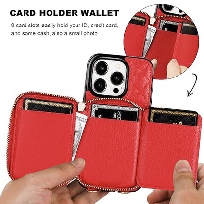 Bocasal Crossbody Wallet Case Card Holder for iPhone 15 Pro, Red | RFID Blocking PU Leather Zipper Handbag Purse, Kickstand Flip Folio Case with Card Slots Holder Wrist Strap Lanyard 6.1 Inch - color: Red