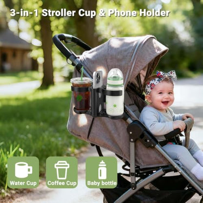ZealSound Stroller Cup Holder, 3-in-1 Bottle Holder with Phone Holders for Stroller Wheelchair Scooter Walker Bike, Foldable Universal Drink Holder for Uppababy Bugaboo Nuna Doona