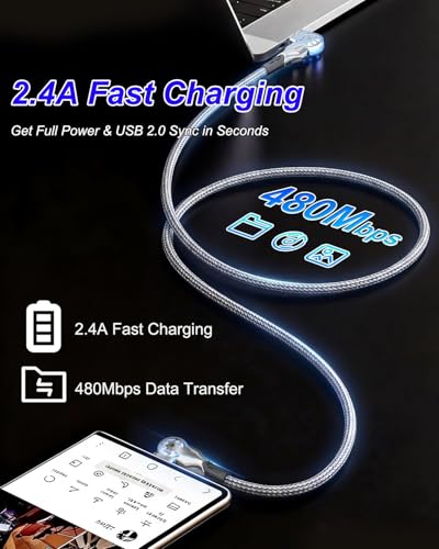 90 Degree Lightning Cable with 180°Rotating Head, 6Ft Fast Charge Right Angle Lightning Cable Compatible with iPhone14/13/12/11/X/8/7/6/5/SE/Pod/Pad Mfi Certified Rotating Charging Cable for iPhone