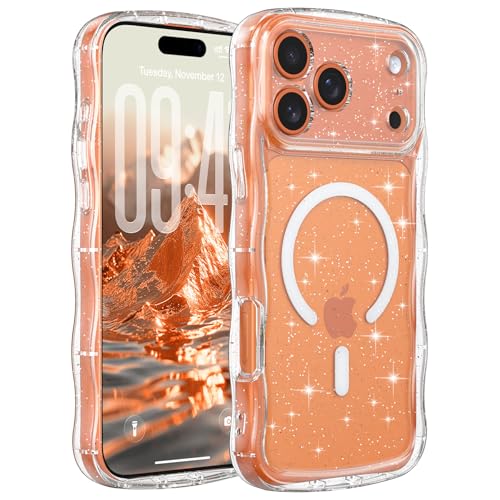 FABSPARK Glitter Case for iPhone 17 Pro Max,Fit for MagSafe,Clear | Magnetic Curly Wavy Frame | Sparkly Bling Glitter | Transparent Clear Acrylic Hard PC for iPhone 17 Pro Max,Clear - color: Glitter Clear, size: for iPhone 17 Pro Max