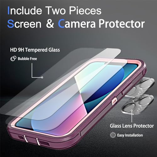 YmhxcY for iPhone 13 Case, 2X Glass Screen and Camera Protector, 3 in 1 Heavy Duty Shockproof Drop Protection Stripe Rubber Cover for 13 6.1"-Wine/Pink - color: Wine/Pink