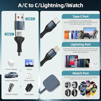 Cruise Essentials 2026,3 in 2 Multi Charging Cable for iPhone Watch Charger - color: Heather Gray&White, size: AC to C+L+iWatch