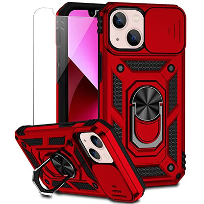 for iPhone 13 Case with Camera Lens Cover HD Screen Protector, Dual Layer [15 FT Military Grade Drop Protection] Magnetic Ring Holder Kickstand Protective Phone Case for iPhone 13 6.1 inch (Red) - color: Red with camera cover Military-Grade 2nd gen