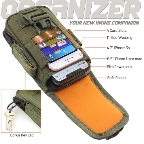 WYNEX Tactical Phone Pouch Molle, Phone Blet Holder Fit 4.0-6.7" Screen | Cellphone Holster with 2 compartmen & Card Organizer, Include Tactical Gear Clip, 1000D Nylon - color: Army Green