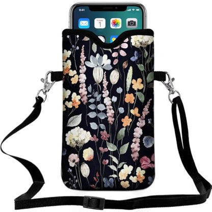 Cell Phone Sleeves Bag Case Crossbody Neoprene Holder Lanyard Phone Pouch for Women Men 7.5 X 4.5 Inches - Flowers - color: Flowers
