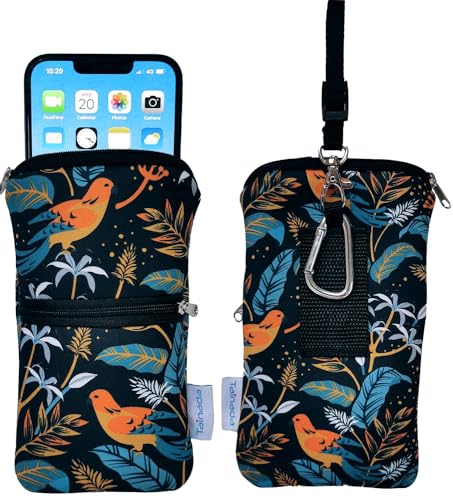 Tainada 2-Zip Neck Phone Pocket Bag w/Belt Loop (Birds Floral Navy Blue) | For Men/Women; Water-resistant neoprene pouch, shockproof, lightweight, w/carabiner; Compatible with most of smartphones - color: Birds Floral Navy Blue