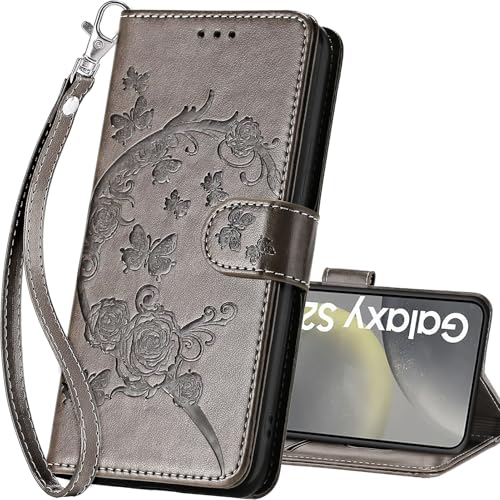 for Samsung Galaxy S25 Wallet case, Gray Flower | 3 Card Holders, Kickstand, Shockproof TPU Shell, PU Leather, Magnetic Closure, Protective Flip Folio Cover, Women - color: 9