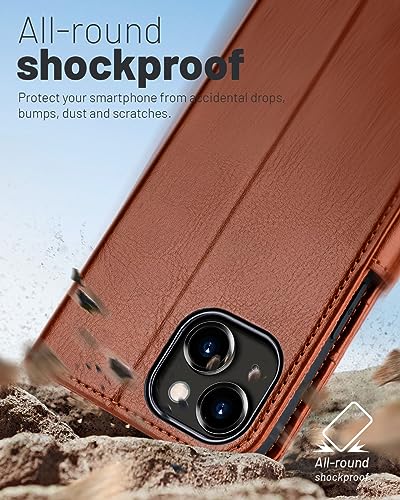 OCASE Compatible with iPhone 15 Wallet Case, PU Leather Flip Folio Case with Card Holders RFID Blocking Kickstand [Shockproof TPU Inner Shell] Phone Cover 6.1 Inch 2023, Brown - color: Brown