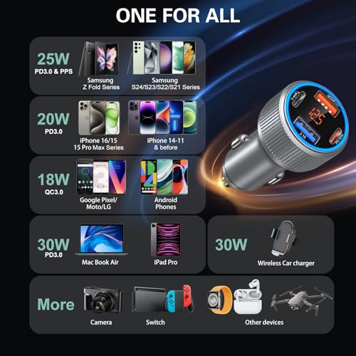 USB C Car Charger, 65W 4-Port 12V USB Car Power Cigarette Lighter Adapter - color: Gray, size: 2-Pack