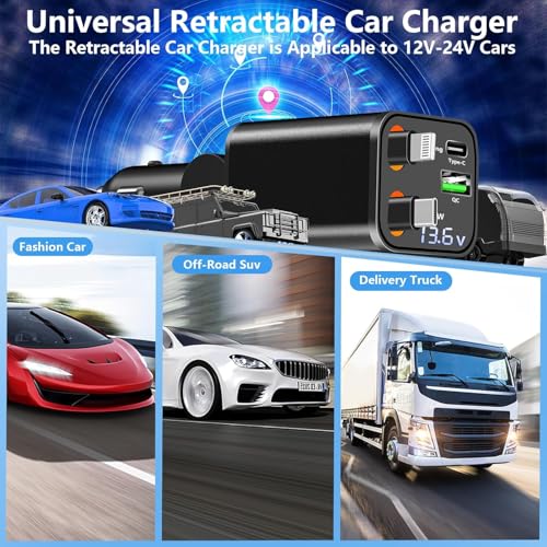 Retractable Car Charger, 120W USB-C & Lightning Cable Fast Charge