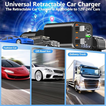 Retractable Car Charger, 120W USB-C & Lightning Cable Fast Charge