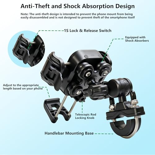 Anti-Vibration Motorcycle Phone Mount with Anti-Theft Lock, Bike Phone Holder Fits 4.7-7.2" Phones for Motorcycle, Bicycle, Scooter, ATV
