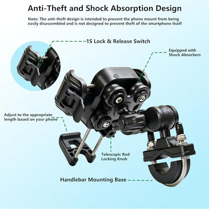 Anti-Vibration Motorcycle Phone Mount with Anti-Theft Lock, Bike Phone Holder Fits 4.7-7.2" Phones for Motorcycle, Bicycle, Scooter, ATV