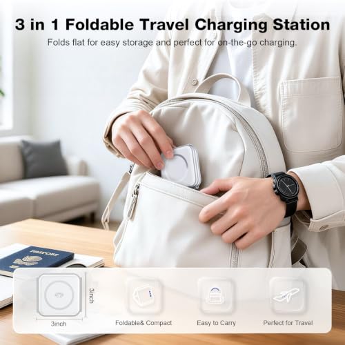 3 in 1 Wireless Charging Station for Apple,Foldable Magnetic Travel Charger - color: white