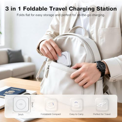 3 in 1 Wireless Charging Station for Apple,Foldable Magnetic Travel Charger - color: white