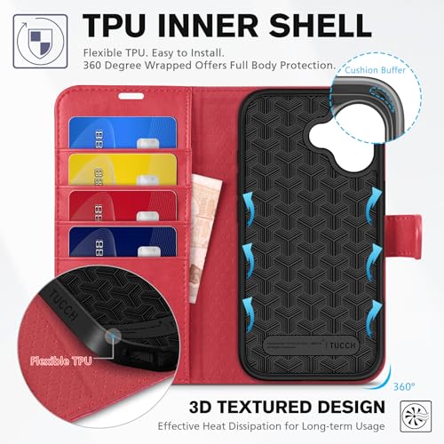 TUCCH Wallet Case for iPhone 17 (6.3") 2025, 4 Card Slots, Red | RFID Blocking, Viewing Stand, Shockproof TPU Shell, PU Leather, Magnetic Closure, Protective Folio Flip Cover - color: Red