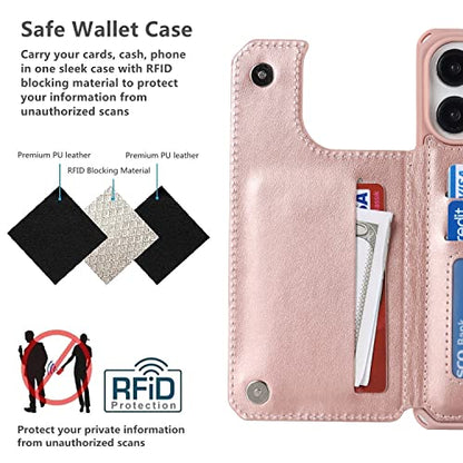 iCoverCase Compatible with iPhone 14 Pro Max Wallet Phone Case with Card Holder for Women, RFID Blocking Embossed PU Leather Wrist Strap Case 6.7 Inch (Macaron Rose Gold) - color: P-Rose Gold