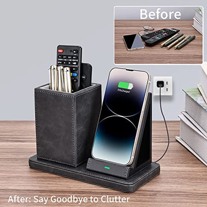 Wireless Charger with Desk Organizer, Wireless Charging Station for iPhone 13/13 Pro Max/13 Pro/12 Series/11/XS Max/XR/X/8Plus/SE 2, Wireless Charging Stand with Leather… (Gray) - color: Gray