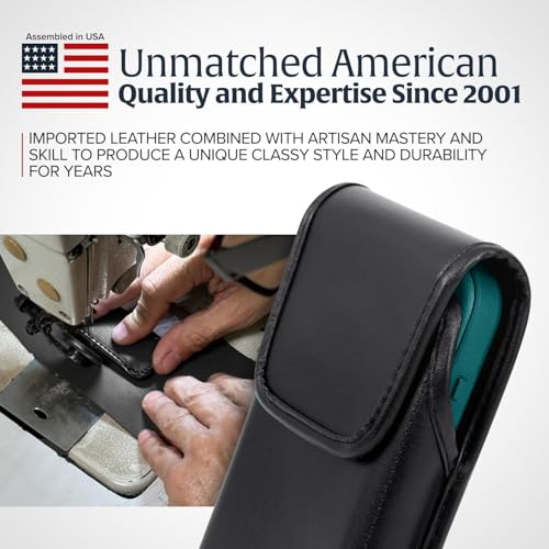 Turtleback Belt Holder for iPhone 16 Pro, 16e, 15 pro 14 Pro 13 Pro -Medium- Fits w/Shockproof Commuter Style Cases, Premium Black Leather Vertical Holster, Magnetic Closure Leather Wrapped Clip - color: Vertical - Leather w/ Leather Clip, size: Medium