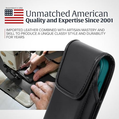 Turtleback Belt Holder for iPhone 16 Pro, 16e, 15 pro 14 Pro 13 Pro -Medium- Fits w/Shockproof Commuter Style Cases, Premium Black Leather Vertical Holster, Magnetic Closure Leather Wrapped Clip - color: Vertical - Leather w/ Leather Clip, size: Medium