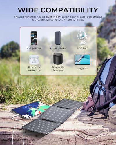 21W Solar Panel Charger BigBlue SolarPowa 20 Portable Solar Charger with USB-A/USB-C Ports, IP68 Waterproof, High-Efficiency Lightweight Foldable Solar Panels for Phones, Tablets, Camping, Backpacking