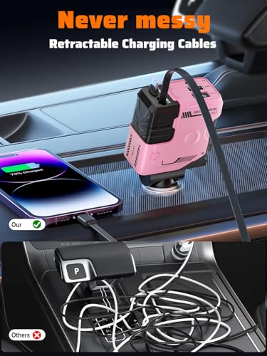 Retractable Car Charger with Retractable Cable (31.5 inch), 4 in 1 Super Fast Car Phone Charger, 2 USB Ports Adapter, Compatible with iPhone 15 14 13 12 11 Pro Max, iPad, Pixel - color: Pink