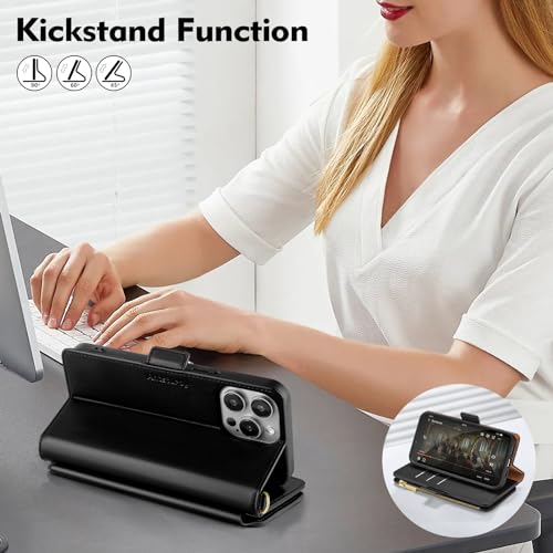 Antsturdy for iPhone 13 Pro Phone Wallet Case Women,Black | RFID Blocking,with Credit Card Holder Slots,PU Leather Purse,Zipper Pocket,Wrist Strap Kickstand,Flip Folio Cover for Men - color: Black