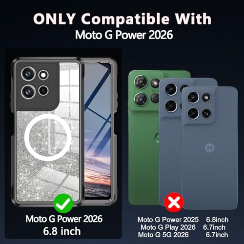 Hekodonk for Moto G Power 5G 2026 Case, Compatible with Magsafe [Built-in Tempered Glass Screen Protector & Camera Lens Protection] Full Body Shockproof Protective Women Girl Bling Case,Black - color: Black
